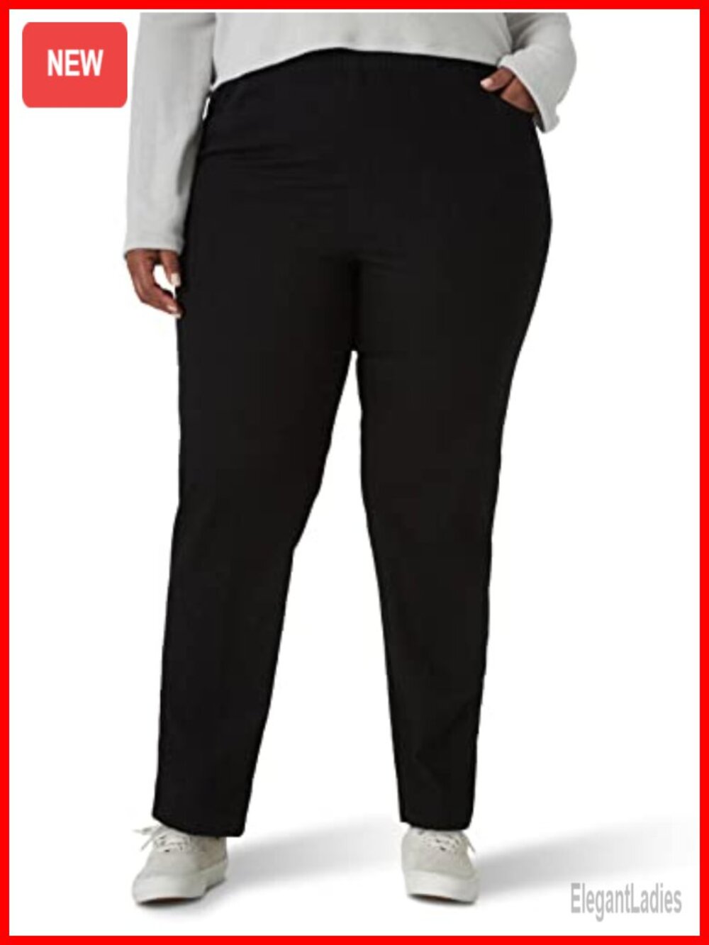 Plus Size Pull-On Pant with Elastic Waist, Slant Pockets, Tapered Leg, Cotton